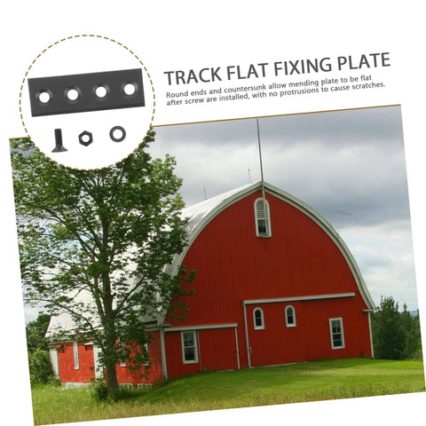 Heavy Duty Sliding Barn Door Hardware Set With Track Connector And Mending Plates In Black Finish featured with red barn backdrop