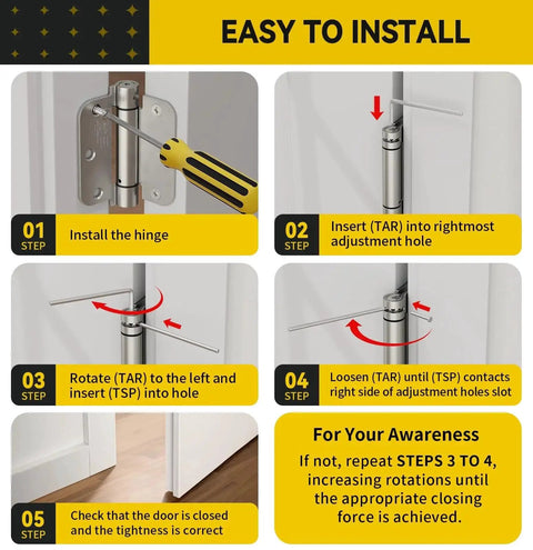 Installation steps for 3 Pack Self Closing Door Hinges 4 Inch Spring Loaded For Garage Front Back Doors Left Or Right Hand Adjustable Tension
