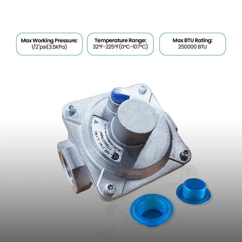 Commercial Grade Natural Gas Pressure Regulator Three Quarter Inch NPT With Half PSI Inlet And Six Inch Water Column Range For HVAC Boilers Grills And Industrial Applications FENDITEK shown with max working pressure and temperature range