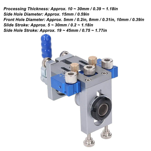 Dowel Jig Kit With Self Centering Adjustable Woodworking Tool 6 Bushings And 3 Drill Bits Sweet Setup For Furniture Assembly And DIY Projects Works On 10mm To 30mm Stock Your Handy Woodworking Buddy For Quick Clean Strong Joints featuring adjustable knobs and blue self-centering mechanism