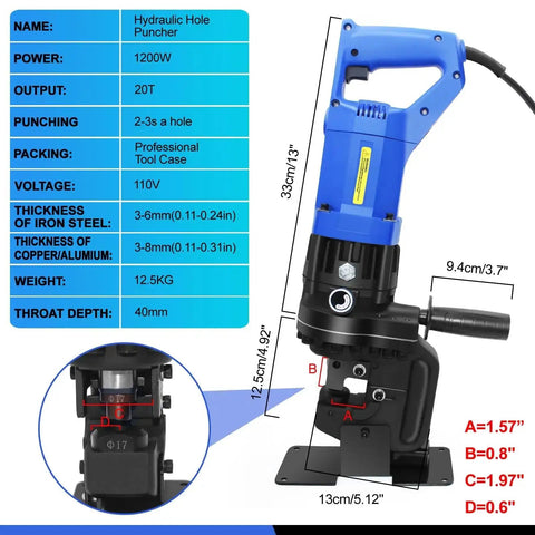 Heavy Duty Electric Hydraulic Hole Punch Kit For Metal With 1200W Motor Delivers Quick 20 Ton Punch