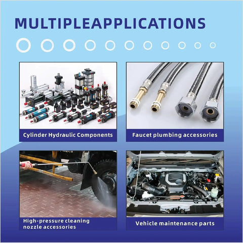 Four images showing applications for 330 Pcs 11 Size Silicone O Ring Kit For Pressure Washer And Compressor Valves Pro Grade VMQ White O Rings