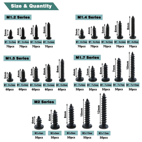 Massive 1430 Piece Black Carbon Steel Miniature Phillips Pan Head Screw Set M1.2 M1.4 M1.5 M1.7 M2 For Electronics Repair chart