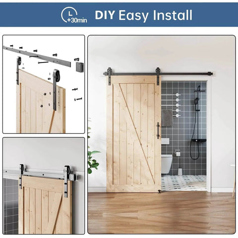 EaseLife 6.7 Foot Sliding Barn Door Hardware Track Kit And Handle In Black with wall mount installed, shown on wooden door