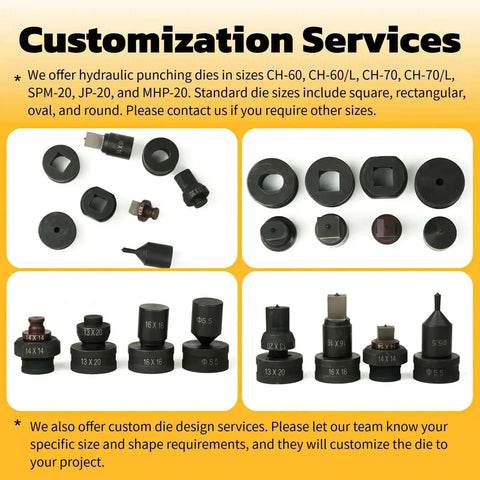 Various hydraulic punching dies including Heavy Duty Square Punch Die For CH70 Hydraulic Press 13.5x13.5mm, shown in different sizes.
