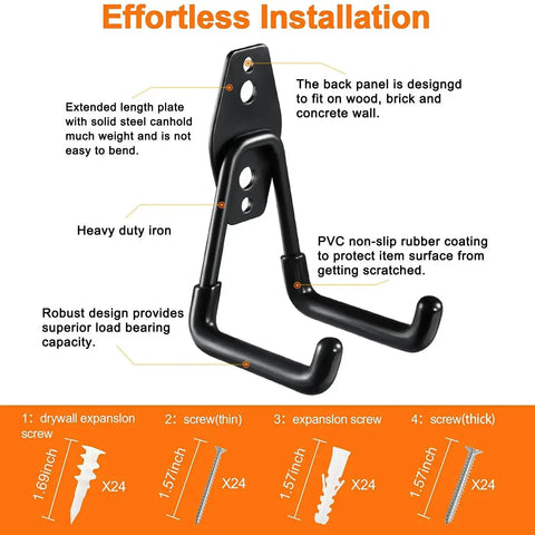 Illustration showing 12 Pack Heavy Duty Steel Garage Hooks With Anti Slip Coating Wall Mount Organizer for tools and hardware.