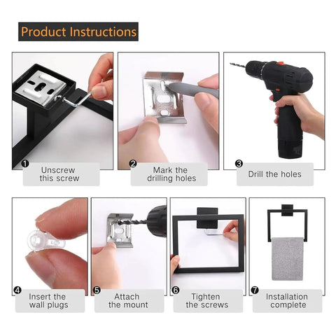 Installation instructions for 5 Piece Matte Black Bathroom Hardware Set with tools, screws, and wall plugs showcased step by step.