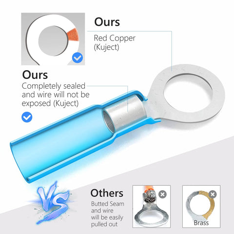 Kuject heat shrink wire connectors kit close-up: blue insulated sleeve over metal crimp terminal