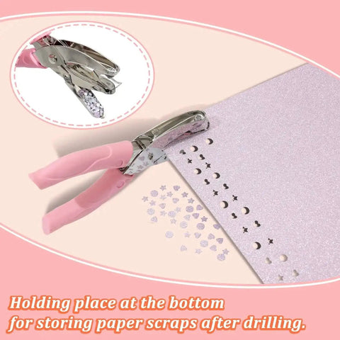 Three Piece Metal Handheld Paper Punch Set With Plastic Handle creating circle holes in glitter paper, showing paper scrap storage.
