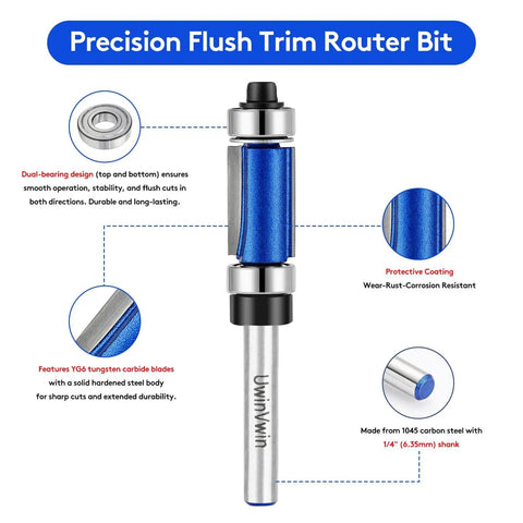 Image showing a Four Piece Flush Trim Router Bit Set With Top And Bottom Bearings One Quarter Inch Shank Carbide Cutter For Veneer And Laminate Shelf Edge Trimming Cutting Diameter Half Inch Lengths Three Quarters To One And A Half Inch, highlighting dual-bearing design and tungsten carbide blades.