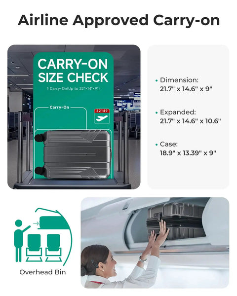 Expandable Carry On Luggage Airline Approved 22x14x9 Inches 35 Liter Capacity Ultra Lightweight 6.83 Lb 100 Percent Polycarbonate Hard Shell 20 Inch Spinner Wheels Waterproof Rolling Suitcase Gray size check illustration.