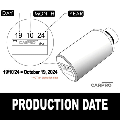 Diagram showing production date details for the CQUARTZ UK 3.0 Ceramic Coating Kit For Cars Bonds To Paint Glass Metal.