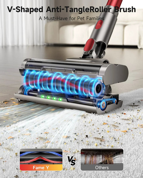 Front view of AIPOWAY cordless stick vacuum with blue LED anti-tangle roller, 580W for hardwood floors, carpet, pet hair.