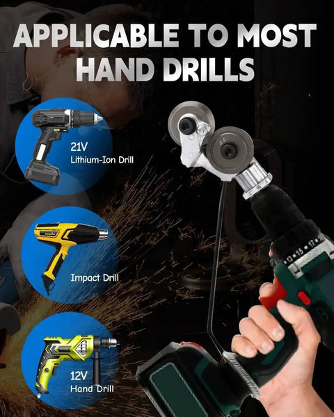 Electric Drill Plate Cutter Nibbler For Sheet Metal attached to hand drill, illustrating compatibility with multiple drill types.