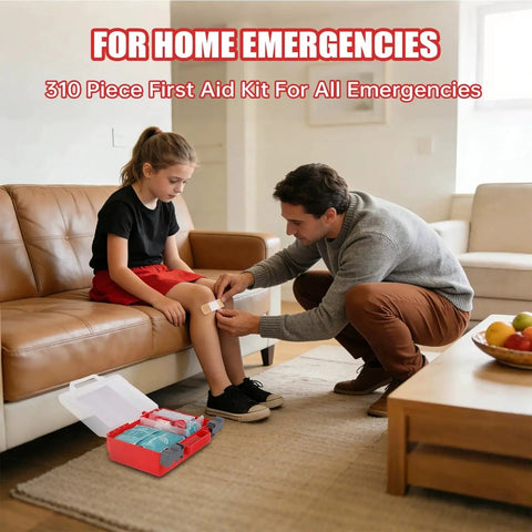 Father using comprehensive 310 piece hard case first aid kit for home emergencies on child's leg in living room.