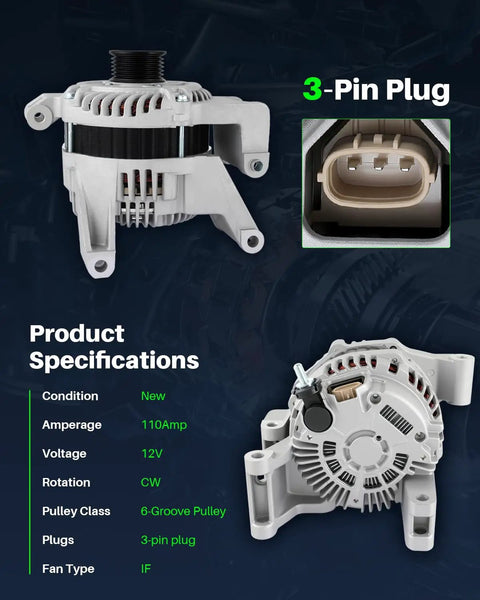 Beefed Up Alternator For Mazda 5 L4 2.3L 2008 2009 2010 110 Amp 12 Volt Clockwise Rotation 6 Groove Pulley with 3-Pin Plug