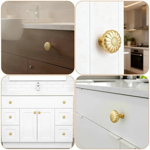 Six Pack Gold Cabinet Knobs With Brushed Brass Finish For Dresser And Drawer Doors Vintage Pumpkin Inspired Retro Luxury Pull Handles installed on various cabinet doors