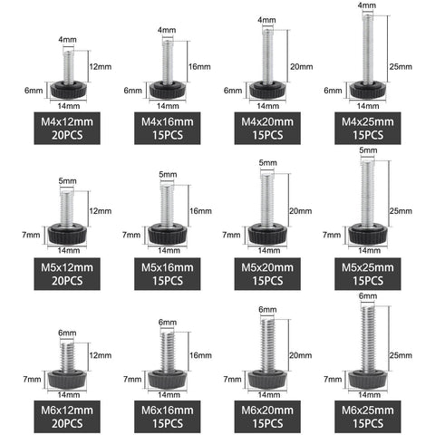 195 Piece Knurled Thumb Screw Kit With 12 Sizes M4 M5 M6 In 12, 16, 20, 25mm Lengths, labeled sizes shown