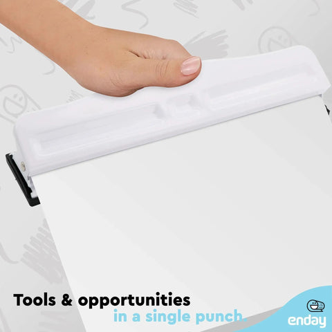 Hand using Heavy Duty 3 Hole Punch For Binders, Adjustable 10 Sheet Metal Three Hole Punch with Built In Waste Tray, White Finish.
