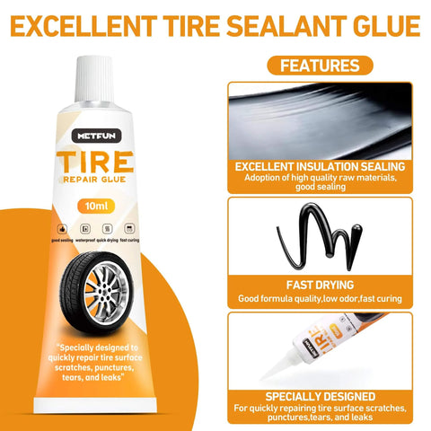 Close-up of tire sealant glue tube with tire image, features include fast drying and insulation sealing for repair use.