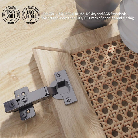 Frameless Full Overlay Soft Close Concealed Cabinet Hinges 20 Pack Black Titanium Plated Self Closing 105 Degree Open Angle And 85 Degree Stop 3D Adjustment Clip On Stainless Steel For Cabinet Doors Easy Install No Fuss installed on wooden cabinet door.