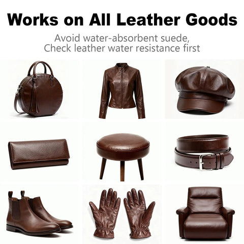 Dark Brown Leather Repair Kit With Recoloring Balm And Dye For Scratches, Fading, And Worn Leather Or Vinyl On Couches, Car Seats, Boots, And Furniture with various leather goods.