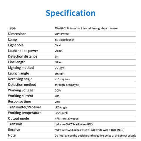 Specification sheet for 2Pcs Pro Grade IR Break Beam Sensor Through Beam Photoelectric Switch 5mm LED Counting Module.
