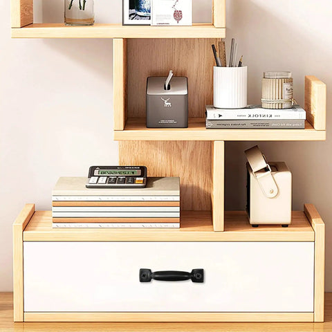 Black Iron Cabinet Pull Handles 1.77 Inch Center To Center Hole Spacing 45mm installed on a white drawer in a wooden shelf unit.