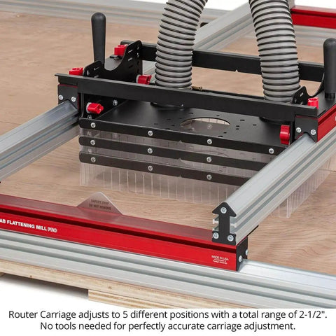 Slab Flattening Mill Pro Basic for Wood Slabs Up to 48.5 by 58 Inches showing router sled and dust collection setup.