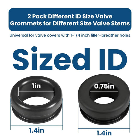 Valve Cover Breather Grommet Set for 1.25 Inch Filler Breather Holes 2 Pack With 0.75 and 1 Inch Inner Diameters shown side by side