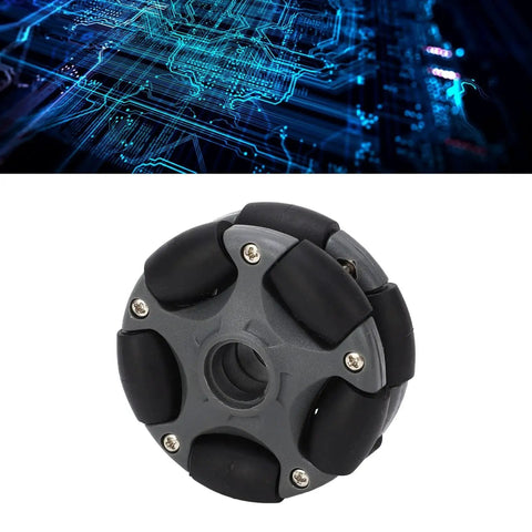 Omni Directional 58mm Plastic Wheel With Double Row 360 Degree Rotation For Robots Go Karts And ATVs in black and grey.