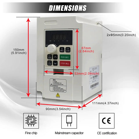 Beast 2.2KW VFD Inverter For CNC Router Milling And Engraving showing dimensions and front panel controls
