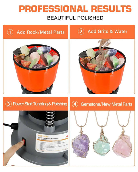 Steps for using 9Lbs Vibratory Tumbler Polishing Machine For Rocks And Metal Parts With 3Lb Walnut Shell Media in home workshop.