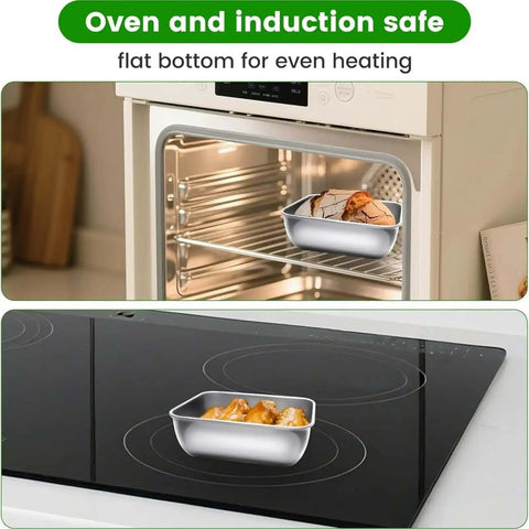Five Piece Stainless Steel Storage Containers Set With Clear Lids shown in oven and on stove, oven and induction safe.
