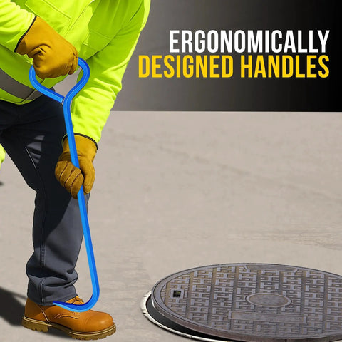 30 Inch Manhole Cover Hook Tool With Five Eighths Inch Hex Alloy Steel Hook lifting a manhole cover, showing ergonomic grip