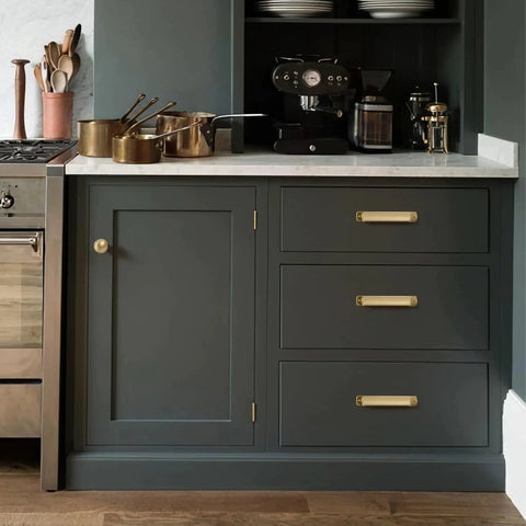 Kitchen scene with dark cabinets featuring 10 Pack Champagne Bronze Cabinet Handles 5.9 Inch Length Center To Center 5 Inches Heavy Duty Zinc Alloy