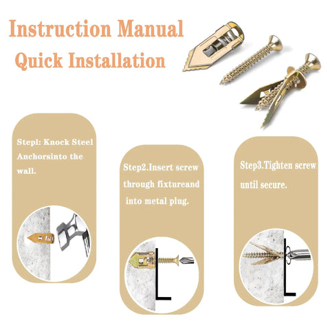 Installation guide for Heavy Duty Drywall Anchors And Screws Kit With 160 Pieces, illustrating steps for secure sheetrock installation.