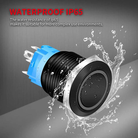 12V Waterproof 22mm Latching Push Button Switch With Blue LED, Metal Panel Mount SPDT Maintained On Off Button 1NC 1NO Marine Grade