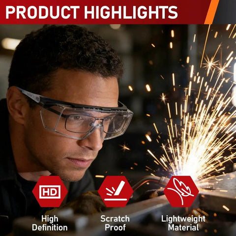 Man wearing Over Eyeglasses Safety Glasses with Anti Fog ANSI Z87.1 UV and Adjustable Arms while welding in workshop