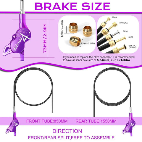 Bucklos MTB hydraulic disc brake set; aluminum alloy levers, two units, front 850mm and rear 1550mm hoses