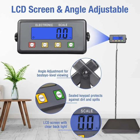 Heavy Duty Digital Postal Scale With 11.8 By 11.8 Inch Aluminum Anti Slip Platform, 440 Lb Capacity, LCD screen close-up