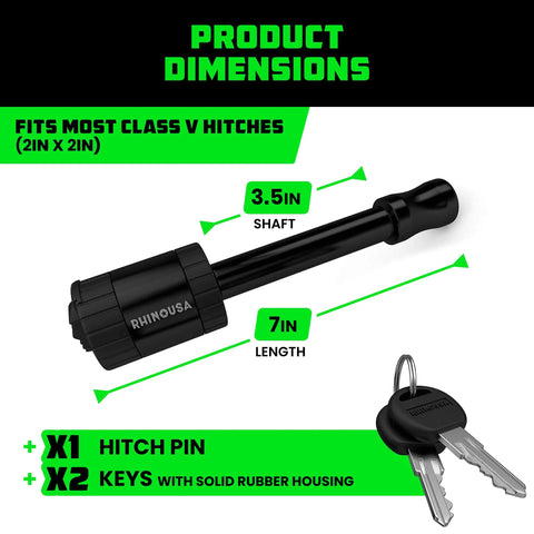 2 Inch Trailer Hitch Pin With Patented Locking Receiver For Class Three And Four Hitches Weatherproof Anti Theft Debris Protected Heavy Duty Steel Tow Ready Black 1 Pack Built To Last shown with keys next to it.