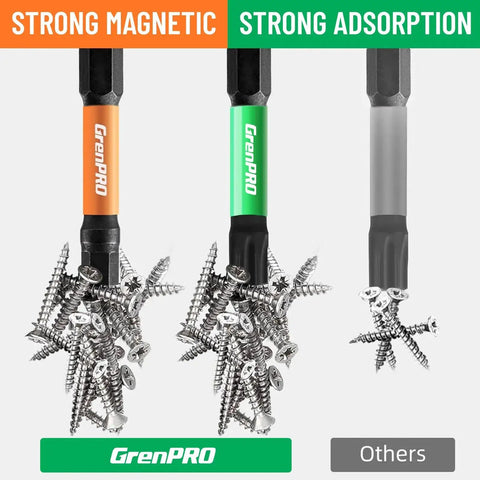 Impact Screwdriver Bits Set 35Pcs 2 Inch Magnetic S2 Steel CNC Machined With One Quarter Inch Hex Shank Includes Metric And SAE Torx Allen Drive Bits For Automotive Mechanic And Home Repair showing magnetic strength with screws attached.