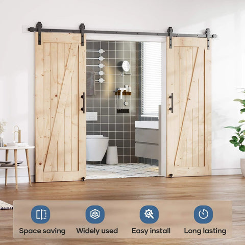 10 Foot Double Door Sliding Barn Door Hardware Track Kit With Handle Industrial Spoke Wheel Wall Mount Quiet Glide Easy Install Black Finish 108 Inch Track Fits 50 To 52 Inch Opening installed in modern bathroom
