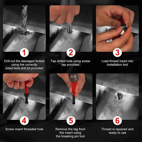 Pro Grade Helicoil Thread Repair Kit With HSS Drill Bit And Thread Inserts For Metric And SAE Threads, step-by-step usage guide
