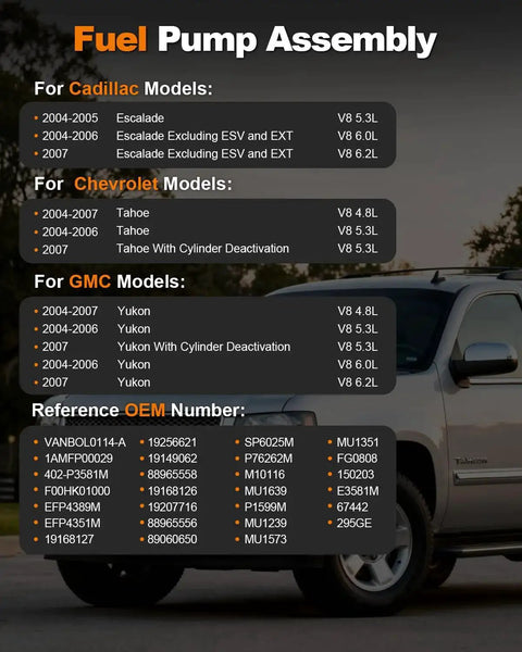 Chart showing compatible models for Electric Fuel Pump Assembly For Gas V8 Engines, featuring Cadillac, Chevrolet, GMC vehicles from 2004-2007.