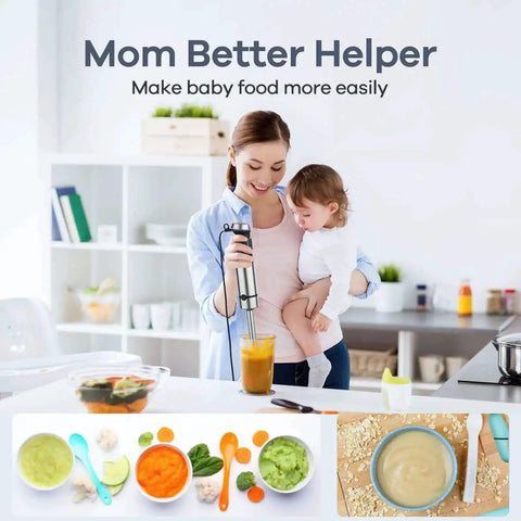Mother using Powerful 1000W 5 In 1 Immersion Blender With 16 Speed Settings in kitchen to make baby food puree