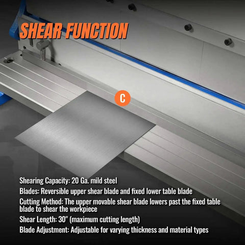 Shear function of Beast Of A Three In One Pan And Box Brake Slip Roll Shear And Bending Machine For Sheet Metal 20 Gauge Mild Steel MMCB3016