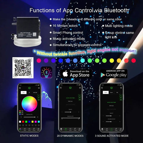 Dual Port Fiber Optic Light Kit For Cars And Homes With RGBW Sound Activated Heads, app control features displayed on screens