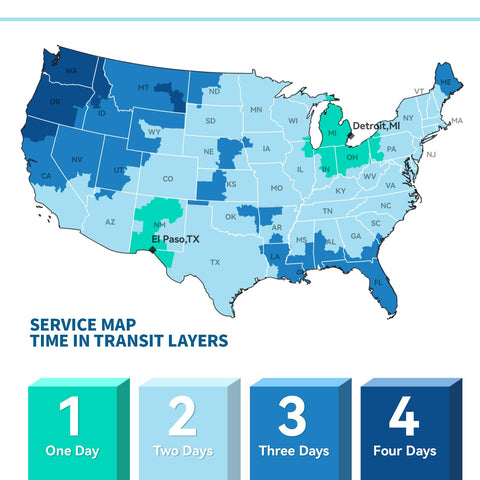 Map of the USA showing service delivery times ranging from one to four days, highlighting Detroit, MI and El Paso, TX.